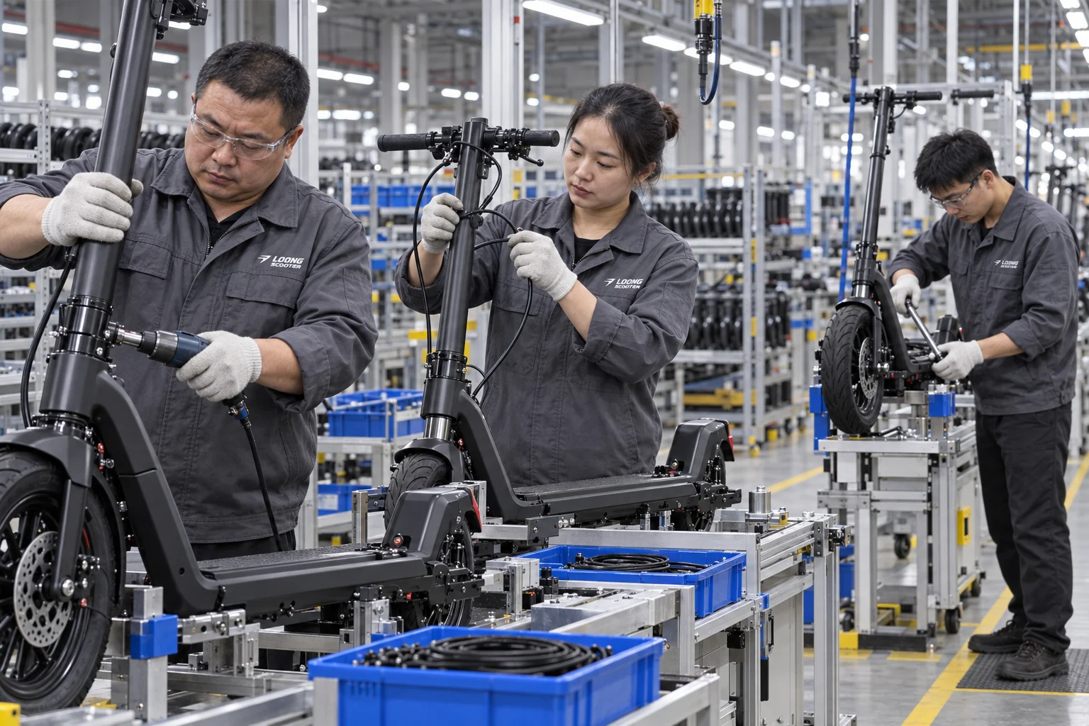 Chinese technicians assembling electric scooters on the LOONG SCOOTER production line