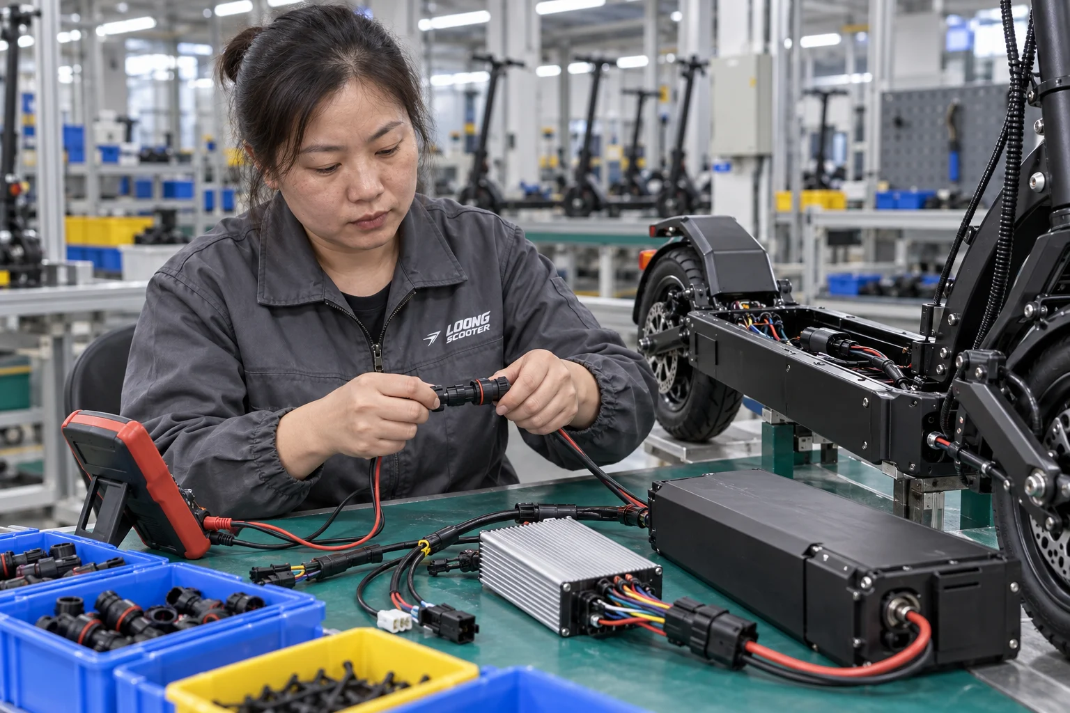 Chinese technician connecting an electric scooter wiring harness
