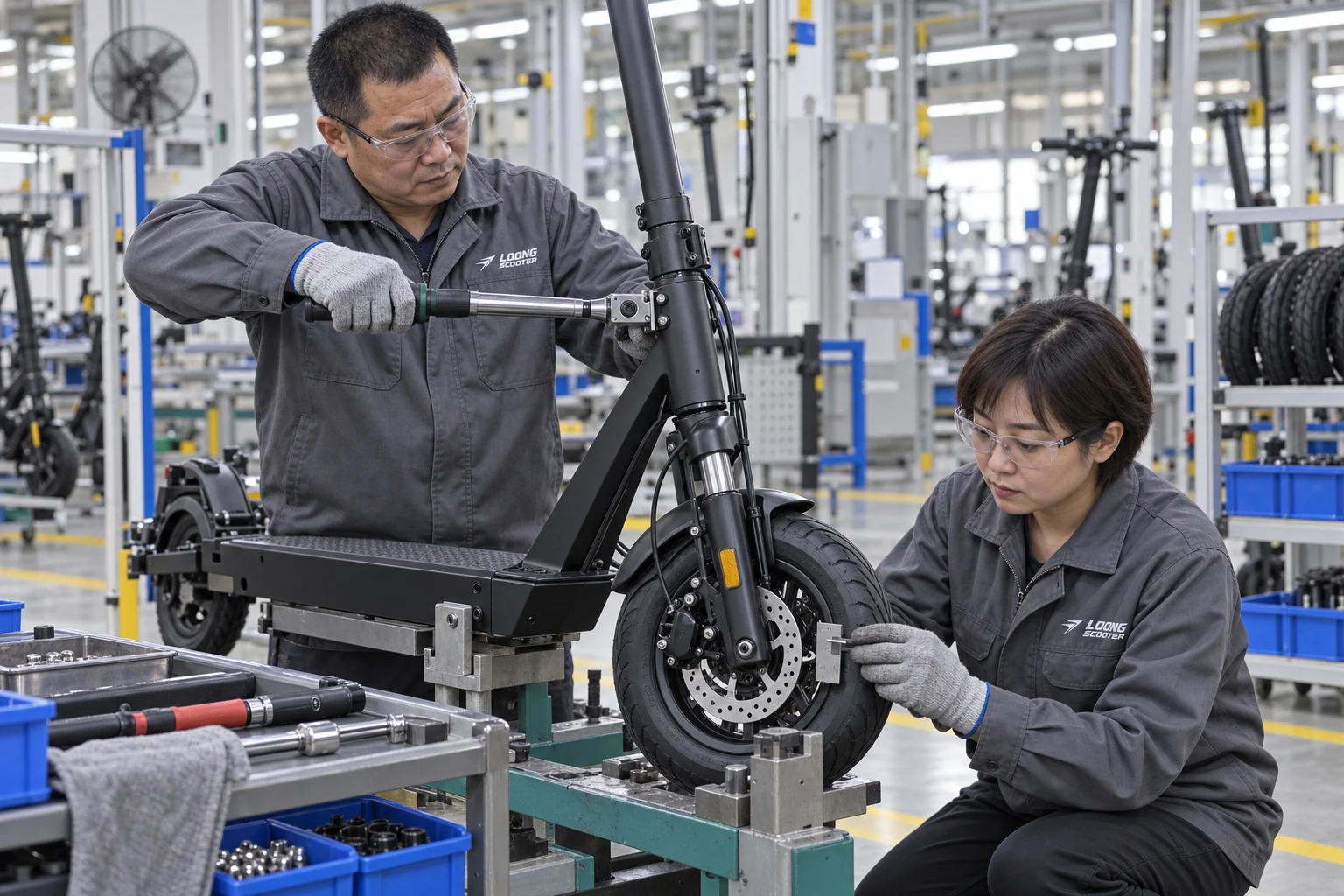 Chinese workers performing scooter mechanical assembly and brake alignment