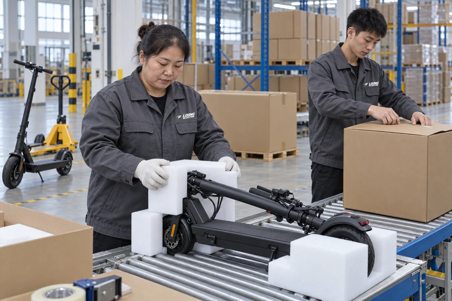 Chinese factory workers preparing an electric scooter for export packing