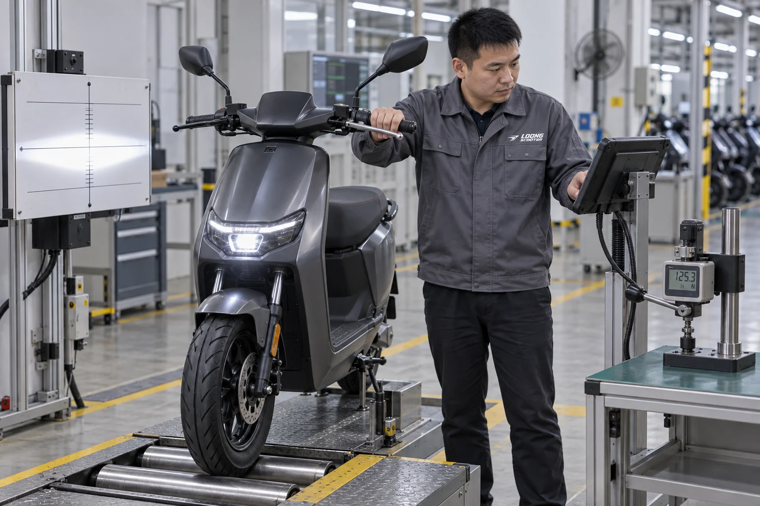 Chinese quality inspector testing a completed scooter