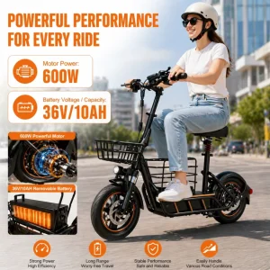 14inch Electric Scooter Folding E Scooter 600W 2 Baskets 1 Seat Aluminum Alloy Adult Adjustable Height Electric Scooter