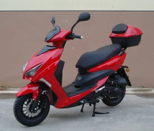 150cc Gasoline Scooter Red Color Front Wheel and Disc Brakes Storage Trunk in the Same Color Scheme