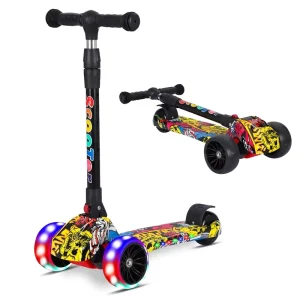 2 in 1 Foldable Kick Scooter for Kids Music Foot Scooter with Three PU Wheels Aluminum and Plastic Material