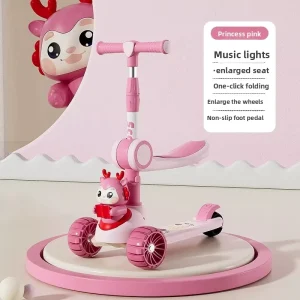 2-in-1 Kids Kick Scooter with Music Feature Foldable Plastic Modern Design Outdoor Use Three PU Wheels for Children
