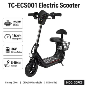 250W 36V Electric Scooter with Seat and Rear Basket TC ECS001 Portable E scooter with Colorful Ambient Light