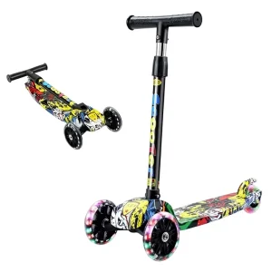 3 Wheels Adjustable Height Graffiti Modern Plastic Skateboard Foldable Kick Kids Foot Scooter for Girls Boys