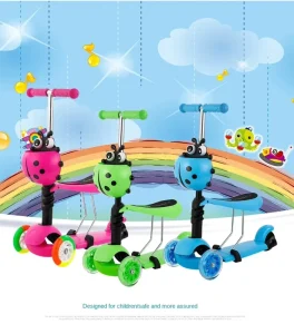3 in 1 Mini Electric Kick Scooter Beetle Foldable Plastic PU Wheels Adjustable Handlebar Seat for Kids