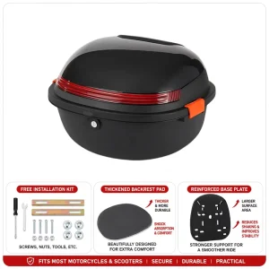30L ABS Motorcycle Tail Trunk Box Glossy Black Waterproof Top Case Lockable Universal Scooter Touring Helmet Storage