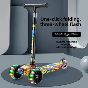 Adjustable Height Toddler Kick Graffiti Modern Plastic Scooter LED Flash Wheels Foldable Three-Wheel Kids’ Scooter Fit 3-12