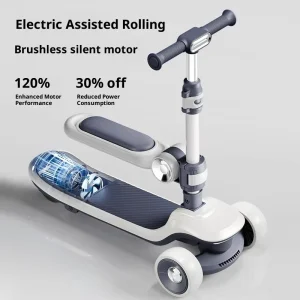Children’s Electric Scooter with Ages 6 12 Three PU Wheels Rechargeable Foldable Adjustable Handlebar Plastic