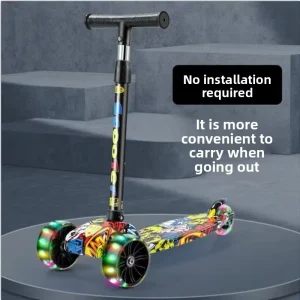 Children’s Graffiti Design 3-Wheel Foldable Scooter with Extra Wide PU Light-Up Wheels Adjustable Height Kick Scooter