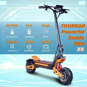 Dual Motor 6000W X5 60V Electric Scooter Aluminum Frame Top Speed 52 MPH 74 Mile Range 11″ Off Road Electric Scooter for Adults