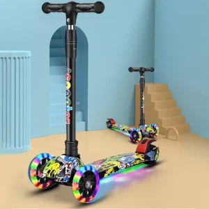 Foldable Kick Scooter Light-Up Wheels 3 Wheel Scooter Adjustable Height Kids Push Scooter Lean to Steer for Children