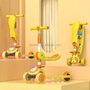 Kids Safety Scooter with 3 PU Flashing Wheels One Key Folding Music Features Four Heights for Ages 6-12 Years