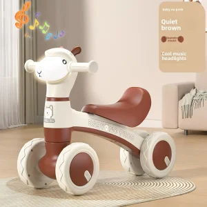 Plastic Kids Balance Bike No Pedal with Music & Lights 4 Wheel Anti Rollover Toddler Scooter Walker Toy Boys Girls Ages 1 6