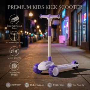 Professional Kids Kick Scooter One-Click Folding Portable 3-Wheel Scooter with Music and LED Light up Wheels