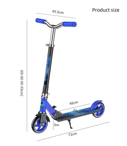 Self Powered Steel Frame Two Wheel Anti Rocking Kick Scooter for Child with Adjustable Height Rear Brake Folding Mechanism