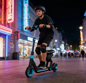 UKids Electric Scooter with Seat 2 Wheel Rubber Foot EScooter with Taillight Ambient Light Kick Scooters